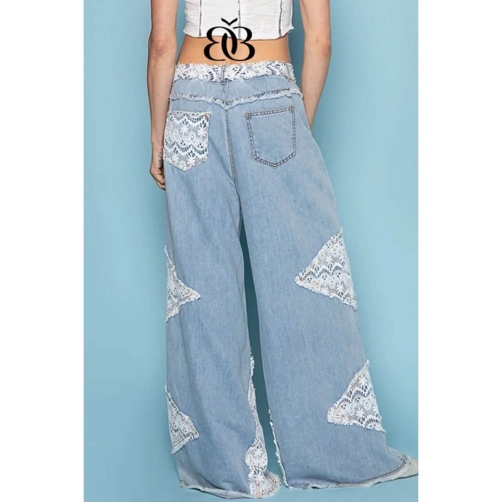 POL Vintage Washed Crochet Patched Straight Wide Leg Slouch Jeans - Picture 4 of 16